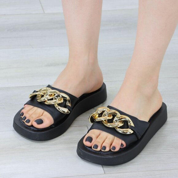 Black Chunky Comfy Flat Sandal Slip On Sliders - Picture 2 of 14